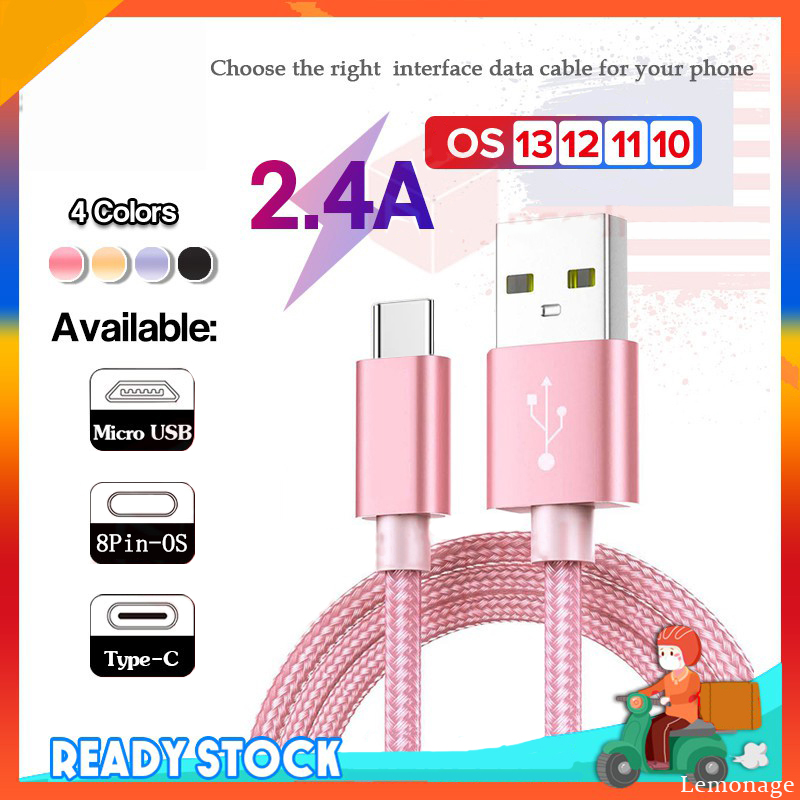 Dây Cáp sạc nhanh USB 2.1A tương thích cho iPhone loại micro USB C Dây sạc cáp dữ liệu vặn thừng nylon