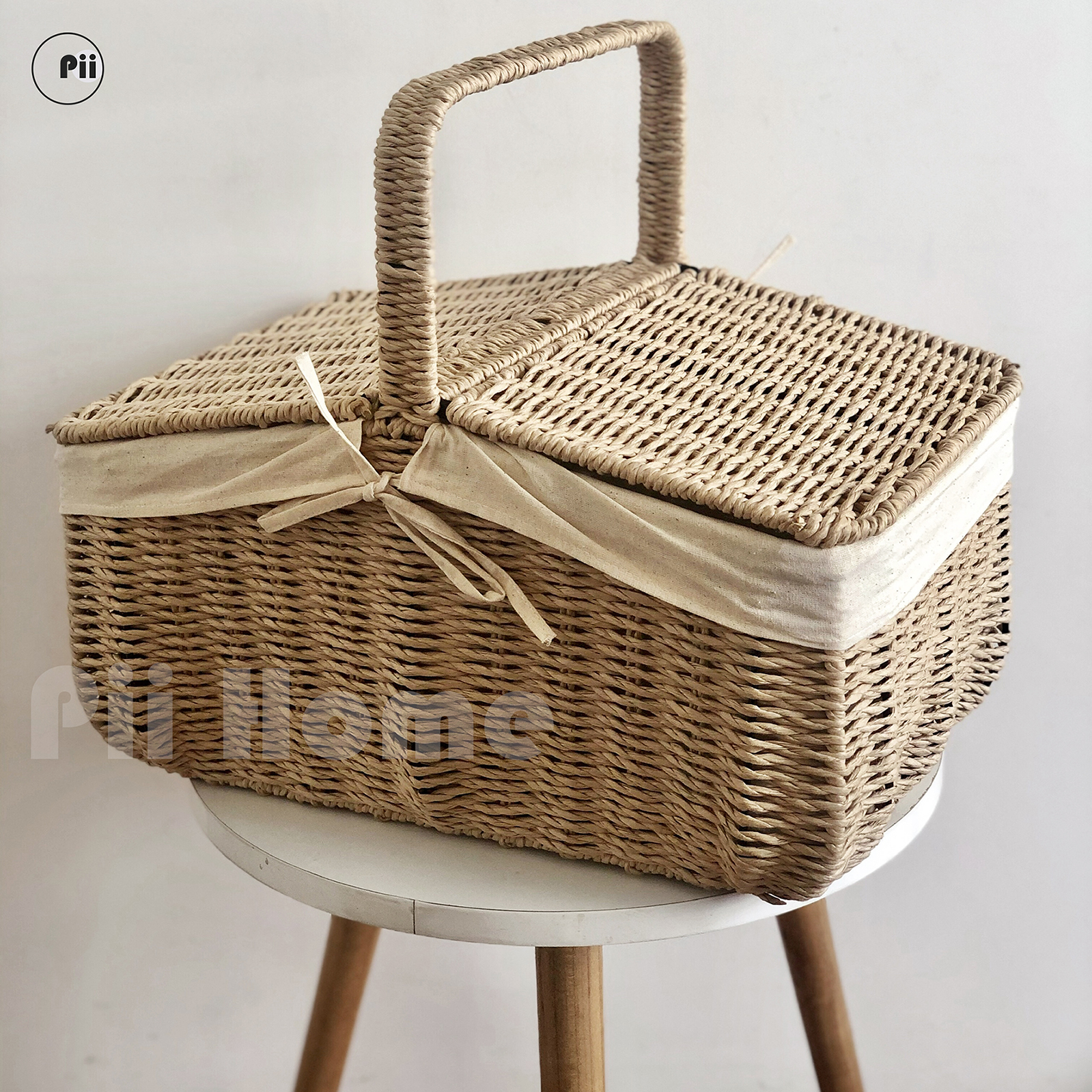 Giỏ cói quai xách picnic camping kèm lót vải, giỏ cói decor dùng dã ngoại du lịch cắm trại tiện ích