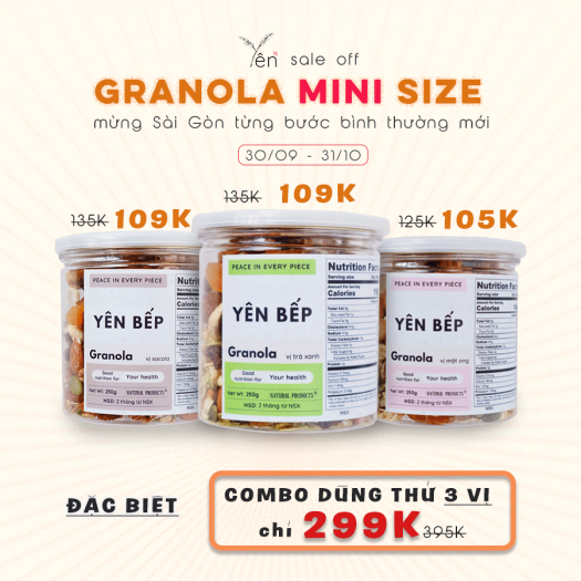Combo 3 Vị Granola Siêu Hạt Mini Size YÊN BẾP - Không Đường Ăn Kiêng - Ngũ Cốc Giảm Cân Tự Nhiên