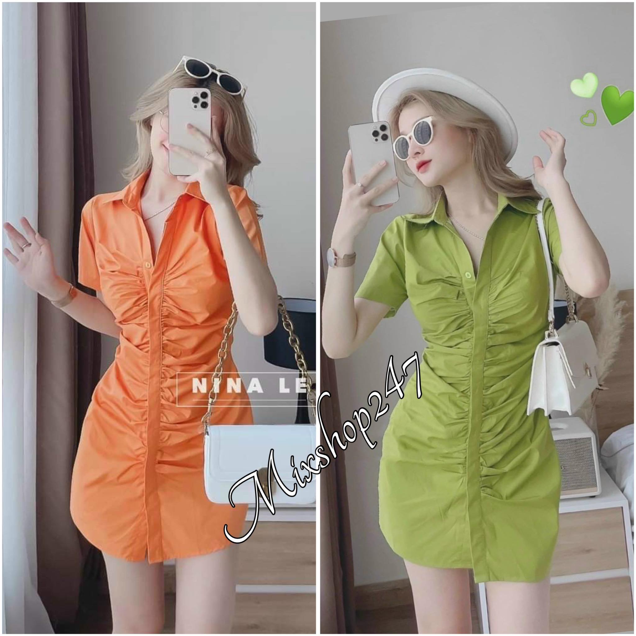 Đầm nữ nhún thân cổ sơ mi cài nút thật sắc màu rực rỡ chất đũi mềm mại nhiều màu