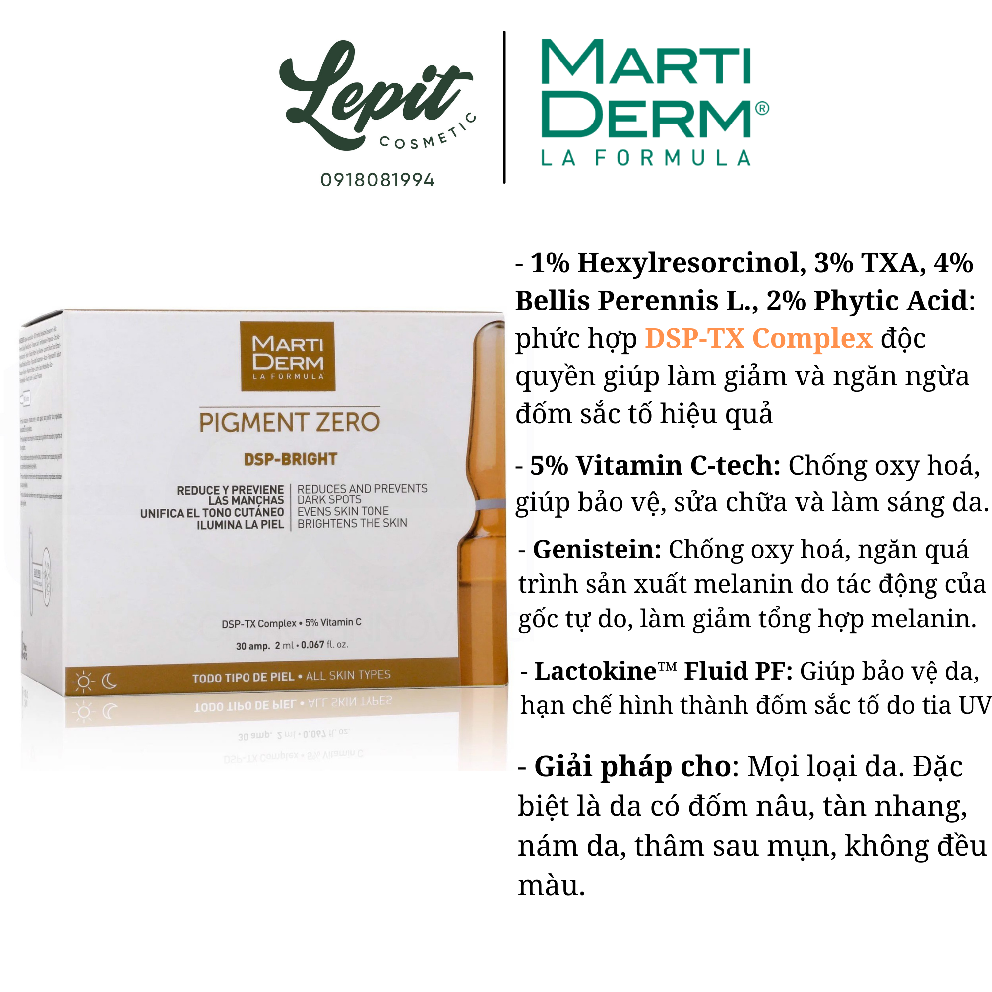 [Lepit Cosmetic] Tinh chất giảm nám mờ thâm và làm sáng da MartiDerm Pigment Zero DSP-Bright