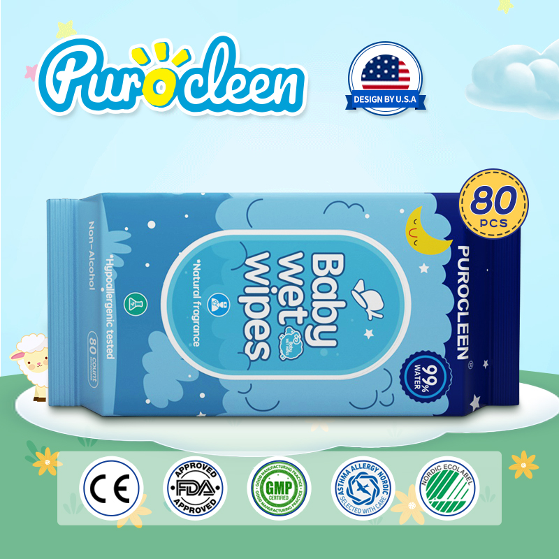 Khăn ướt em bé PUROCLEEN Không mùi Khăn lau sơ sinh không cồn kháng khuẩn Gói 80 cái gồm khăn ướt cho bé