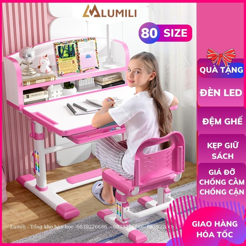 Bộ bàn học có ngăn kéo kệ sách cho bé, bàn học thông minh chống gù chống cận có giá sách bàn học kèm kệ sách cho bé Lumili bàn học cho học sinh tiểu học nâng hạ độ cao nghiêng mặt bàn 60 độ