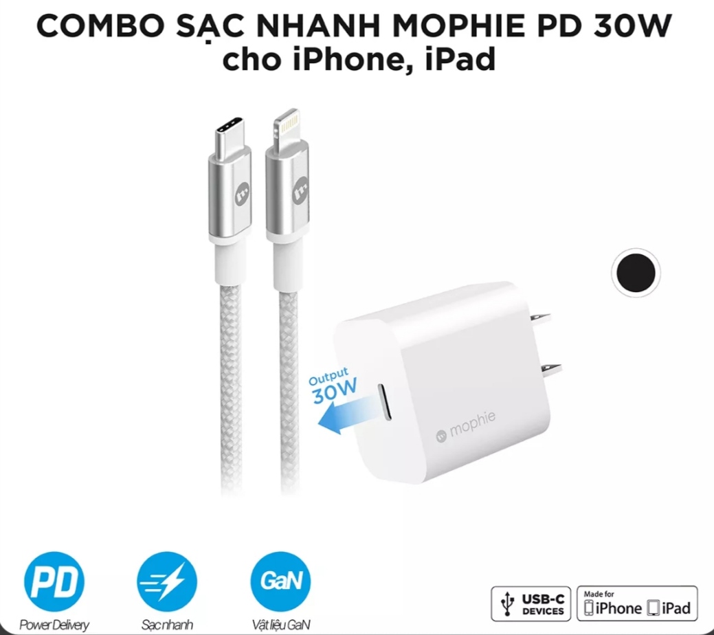 Combo sạc nhanh Mophie Power Delivery 30W dành cho iPhone/ iPad - Hàng chính hãng