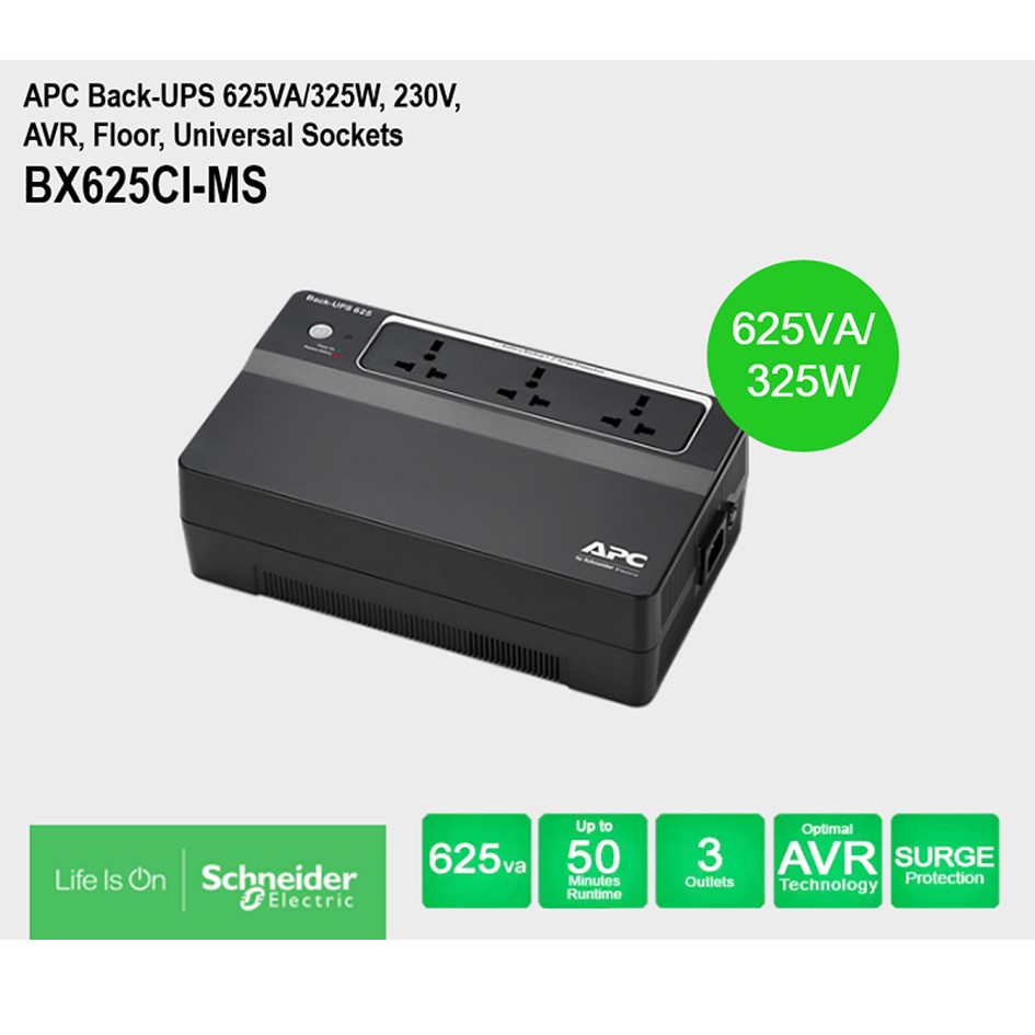APC BX625CI-MS Back-UPS 625VA/325W AVR Universal Sockets