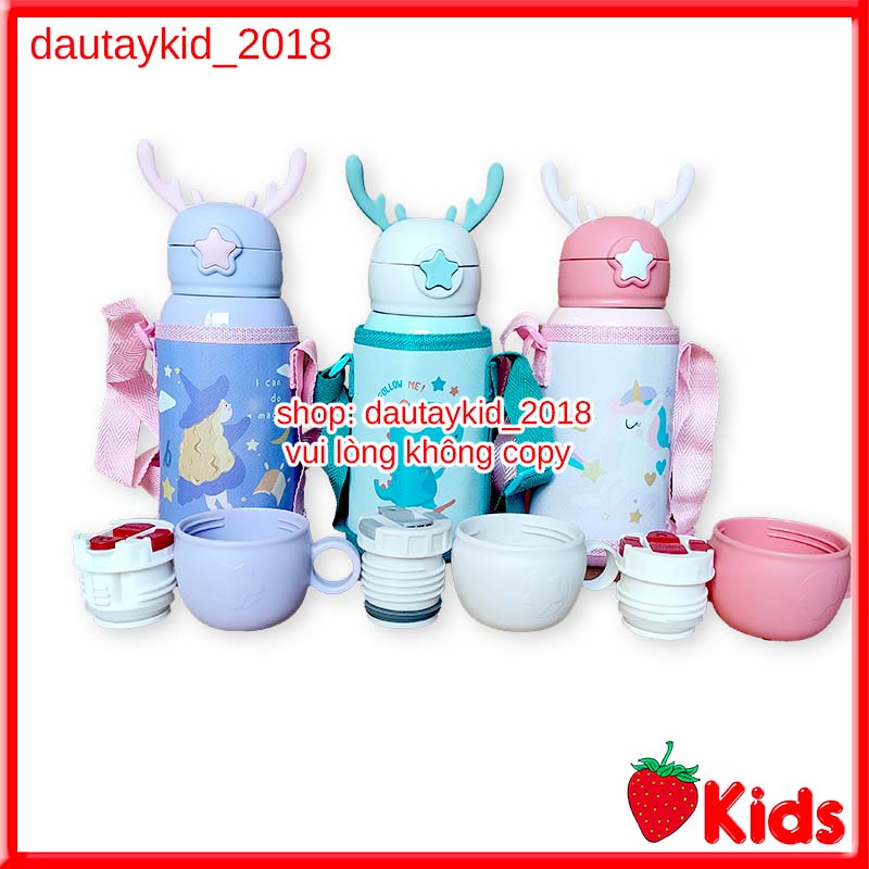 Bình giữ nhiệt - Bình giữ nhiệt nóng lạnh - Bình giữ nhiệt sừng hươu cho bé 500ml 2 nắp tặng kèm túi đeo