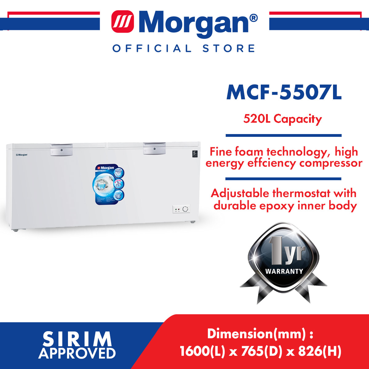 MORGAN MCF-5507L CHEST FREEZER DUAL DOOR 520L