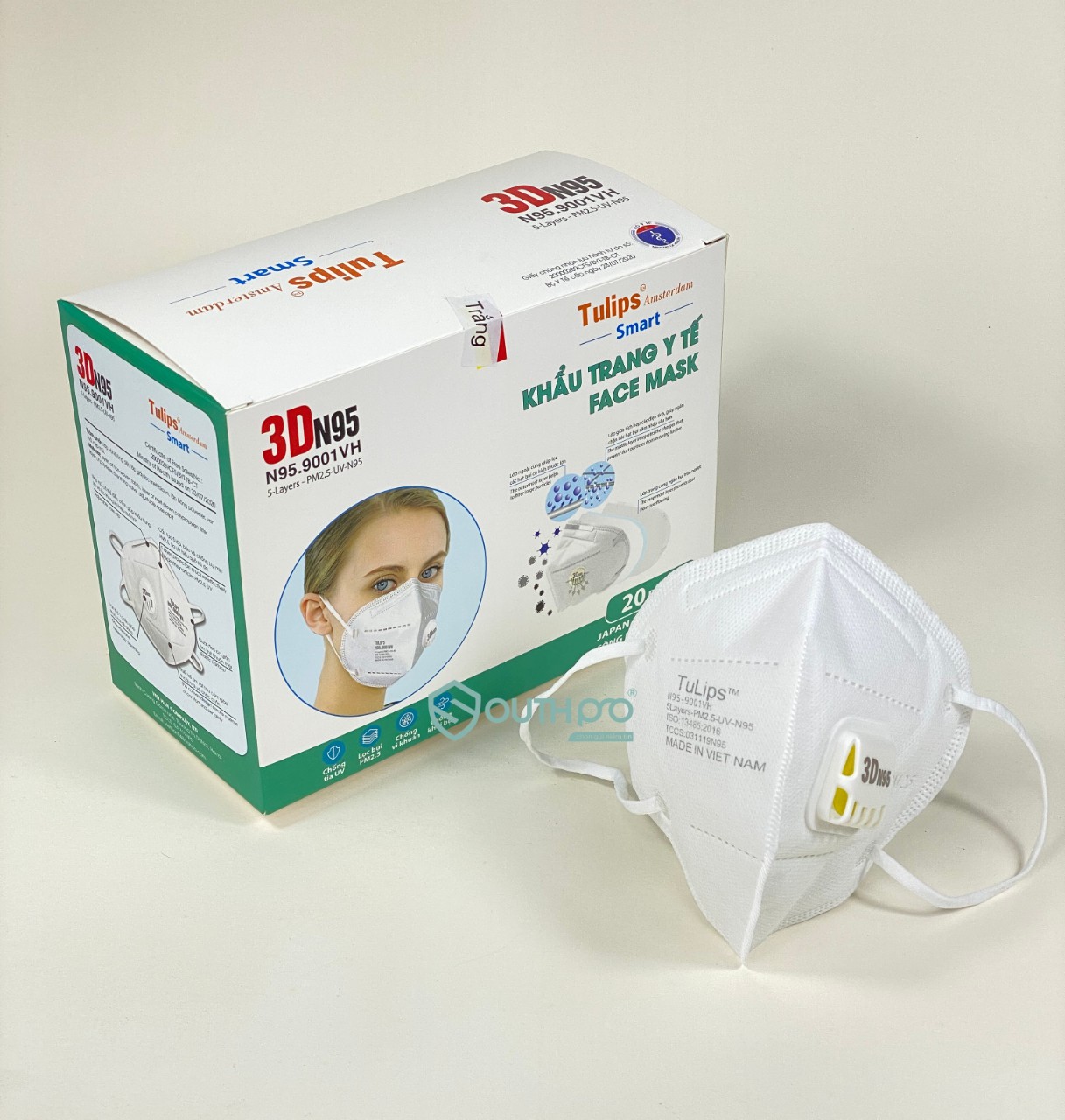 (Chính Hãng) Hộp 20 Cái Khẩu Trang Y Tế TULIPS 3D N95 Có Van Một Chiều - Lọc Bụi PM2.5 Siêu Mịn - 9001VH