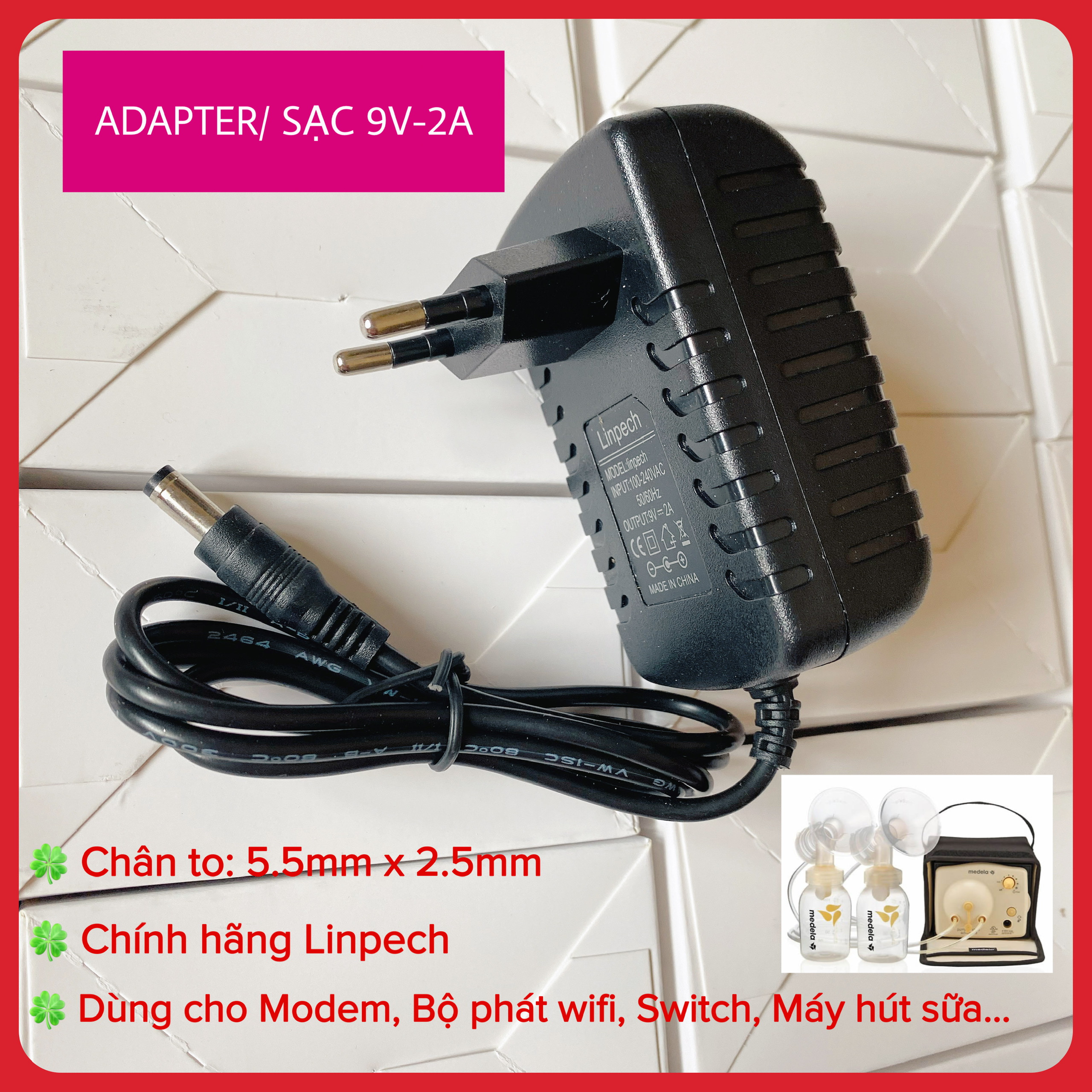 Adapter sạc 9V 2A chân to thay thế cho sạc máy hút sữa Medela Pump 220V