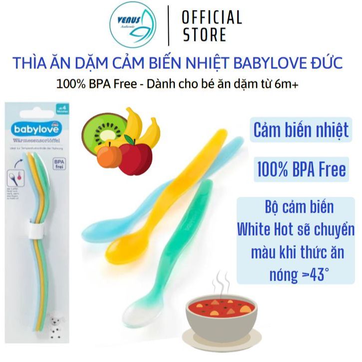 Thìa ăn dặm báo nóng cho bé BabyLove Đức - Thìa cảm biến nhiệt báo nóng, đổi màu khi thức ăn nóng, set 3 chiếc - Hàng Đức chính hãng