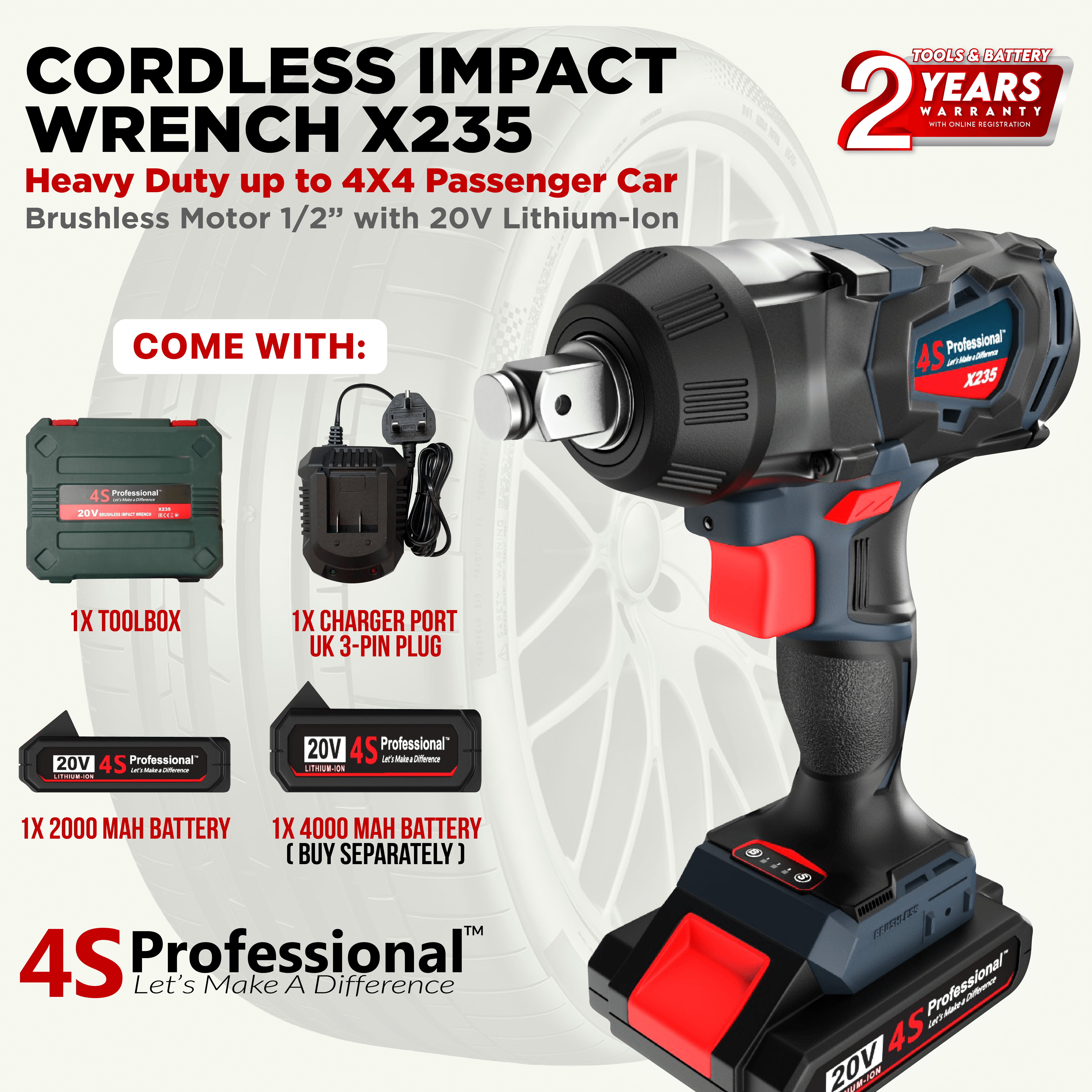 4S Professional™ Cordless Impact Wrench X235 Heavy Duty 20V 3-in-1 [Brushless Series] Replace Spanner 2 Years Warranty