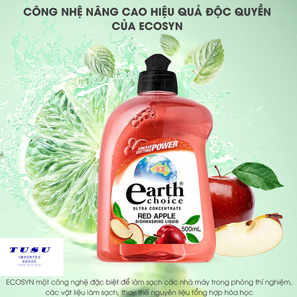 Nước rửa chén đậm đặc gốc thực vật Earth Choice hương táo 500ml - nhập khẩu chính hãng từ Úc / Earth Choice plant-based concentrated dishwashing liquid apple flavor 500ml