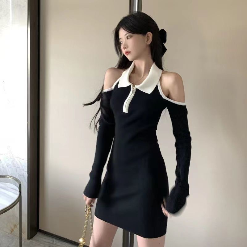 Đầm body nữ kiểu cổ bẻ phối khóa kéo hở lưng trễ vai sexy gợi cảm