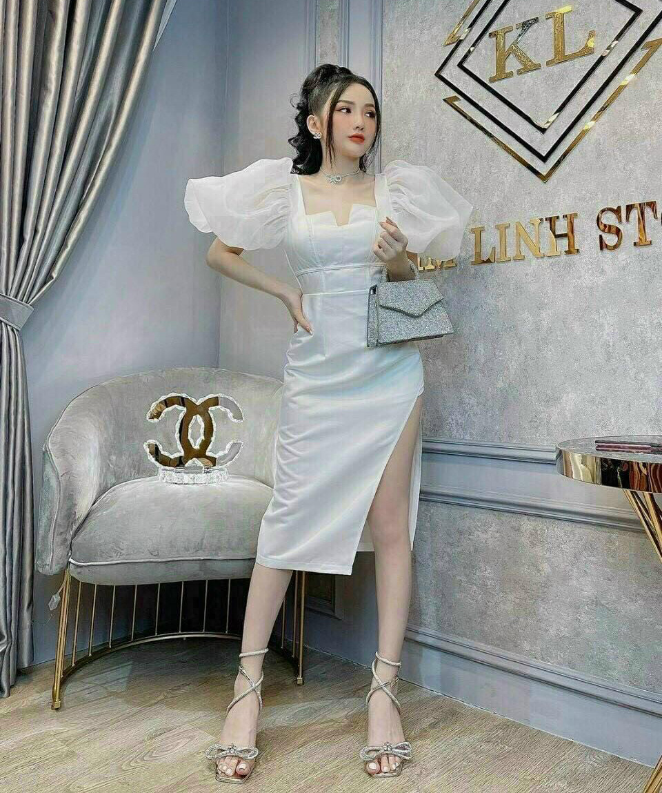 [Hàng Mới] Đầm Váy Nữ Body Tay Phồng Voan Kiếng Xẻ Tà Cổ Vuông Thời Trang Kiểu Cách Đi Chơi, Đi Dự Tiệc D.ONE FASHION, Mẫu Free Size (40-55Kg) Mặc Vừa