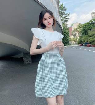 Đầm nữ xinh trắng công sở thiết kế chữ a thanh lịch tùng caro xanh tay xòe thời trang trẻ trung đi làm đi chơi – Thời trang Lux W