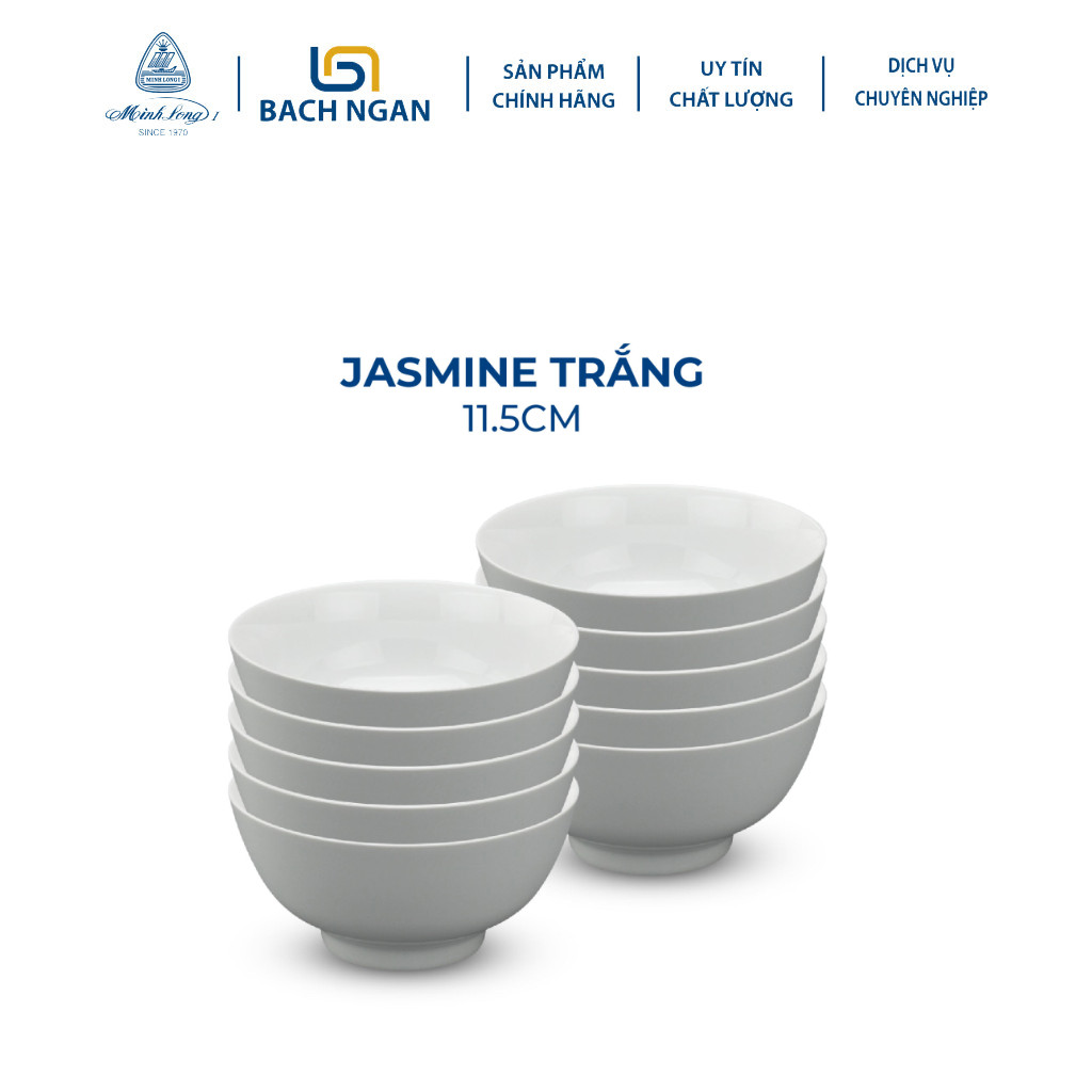 Bộ 10 chén sứ cao cấp Minh Long 11.5 cm - Jasmine - Trắng dùng để ăn cơm cho gia đình, phủ men cao cấp