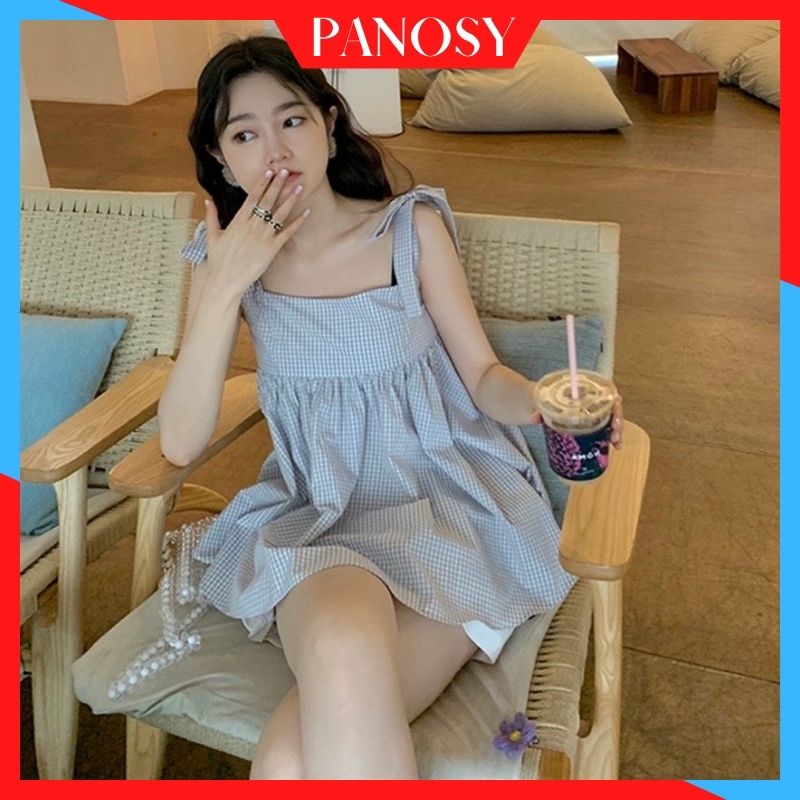 Set đồ nữ style Hàn Quốc hai dây thắt nơ eo xanh quần short trắng cực trẻ trung PANOSY - B405