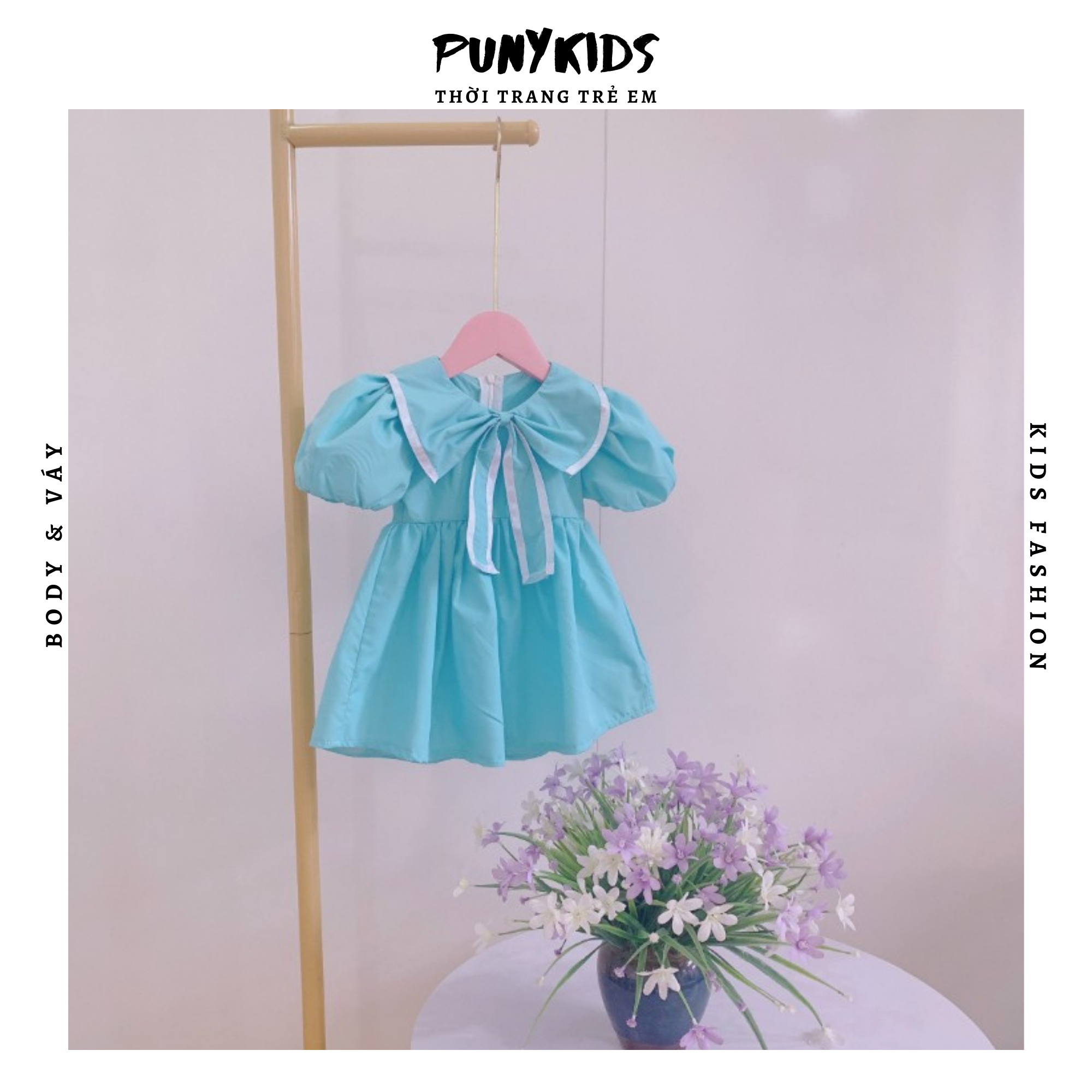 Váy trẻ em váy thiết kế Punykids xanh dương cổ nơ ruy băng cho bé gái từ 8 -22kg