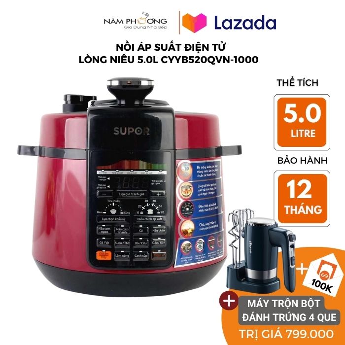 Nồi áp suất điện Supor CYSB50YC520QVN-100 5L (Đỏ) tặng kèm máy đánh trứng nhồi bột Bear