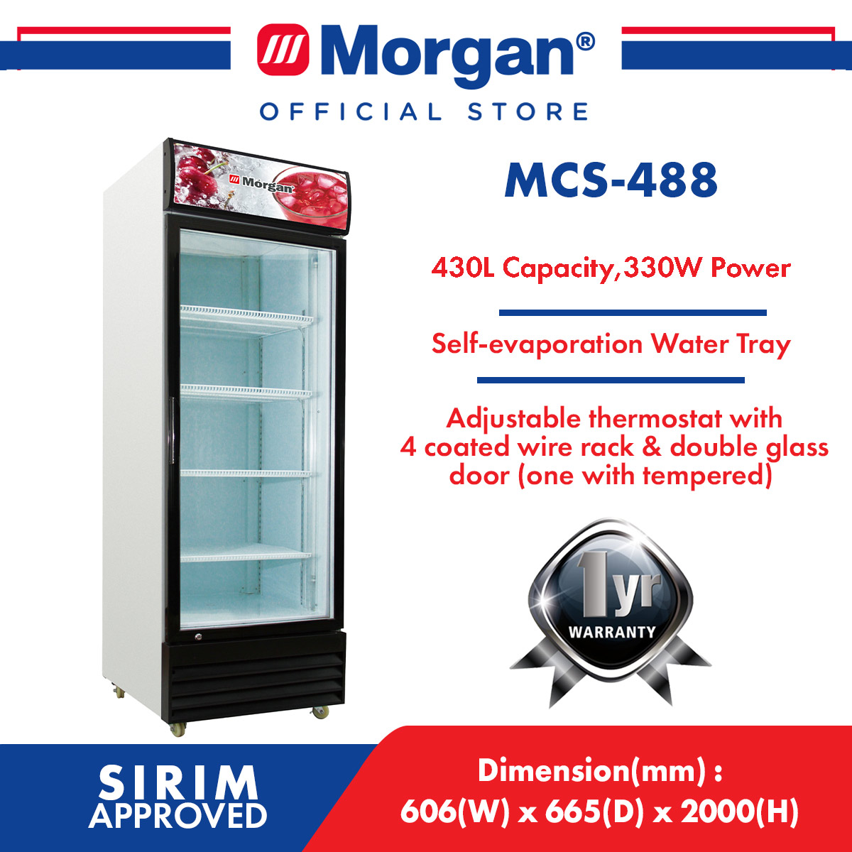 MORGAN MCS-488 CHILLER SHOWCASE DOOR DISPLAY FRIDGE 430L