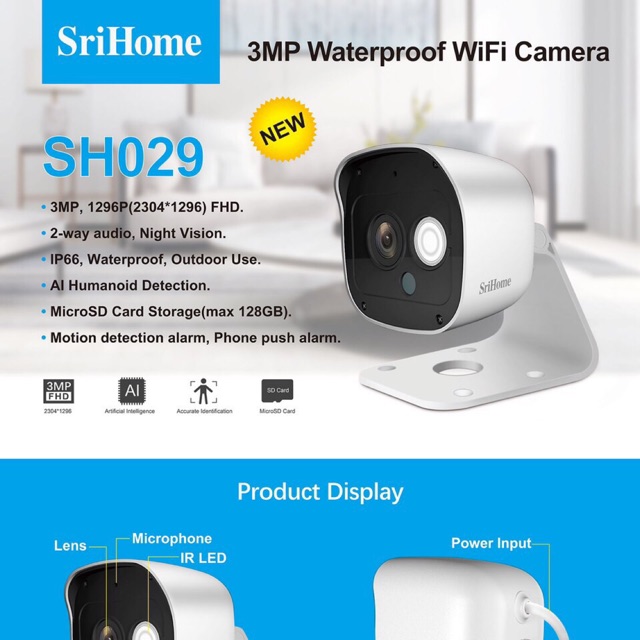 3.0 mpx 2304 x 1296 camera srihome ngoài trời sh029