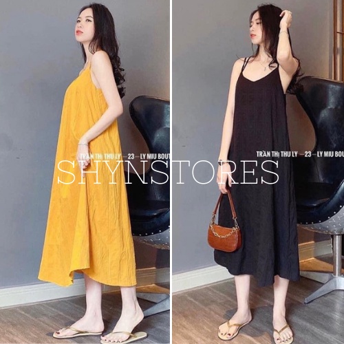 Váy maxi 2 dây , Váy maxi đan lưng vải đũi lụa mềm mịn siêu mát họa tiết trơn mặc đi biển