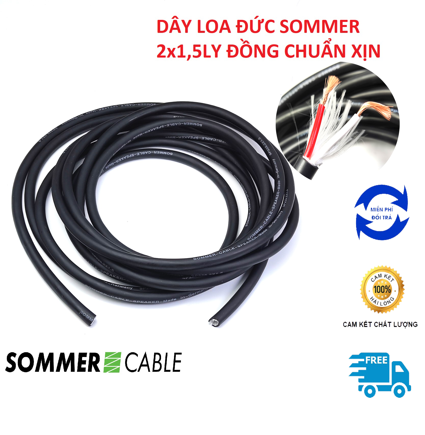 Dây loa sommer 8met - ĐứcDây 2 lõi kích thước 1.5mm2/ lõi màu đen Dây phù hợp với dàn âm thanh tầm trung, dàn xem phim 5.1, 7.1, Vỏ dây độ bền rất cao chuyện dụng dây đặc biệt phù hợp với âm thanh sân khấu, ngoài trời