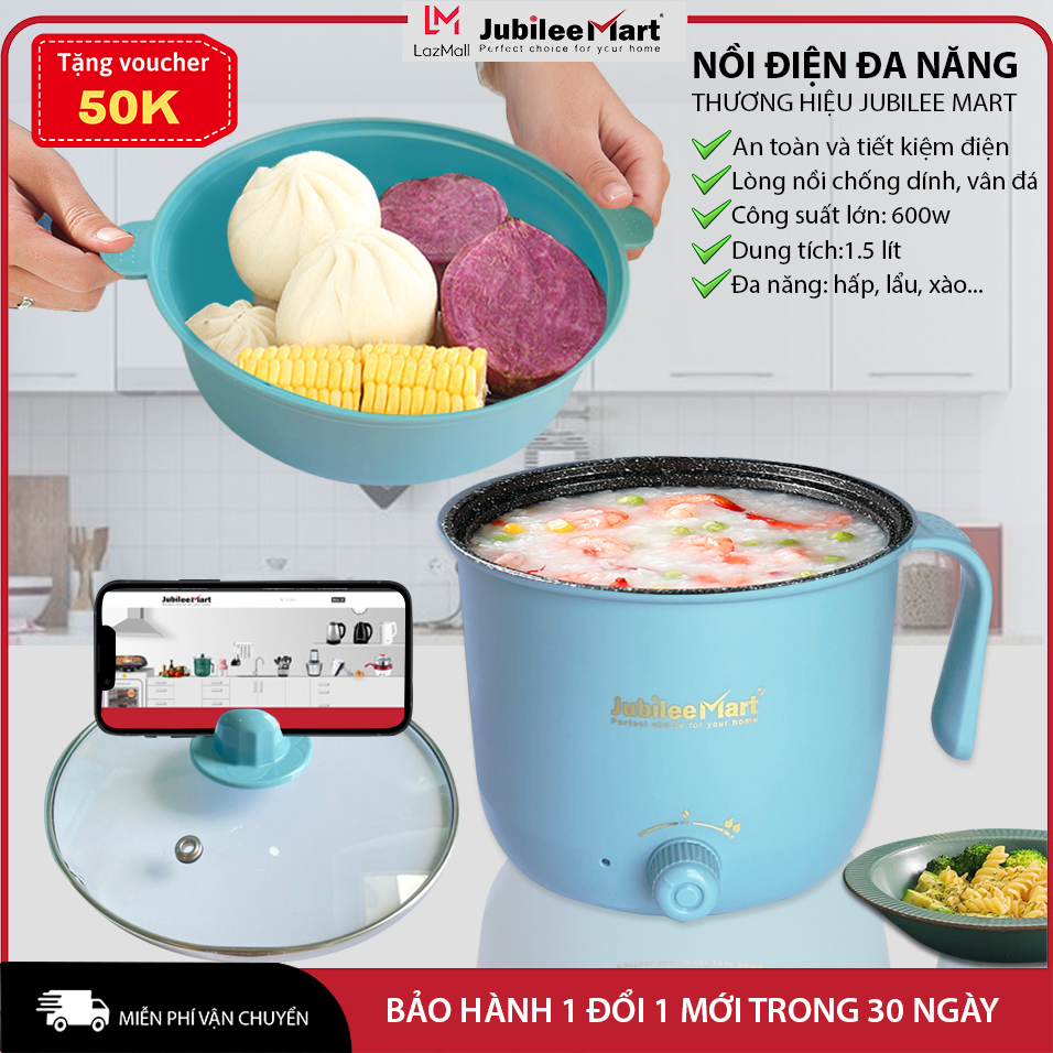 Nồi Lẩu  Điện Mini Đa Năng Chống Dính 1.8L,  Xửng Hấp Điện Mini 2 Tầng, Nấu Mì Cay, Nấu Lẩu, Chiên Xào, Hấp Trứng Vật Liệu Chống Dinsg An Toàn Thương Hiệu Jubillee Mart