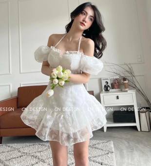 Đầm trắng cúp ngực tay bồng cổ yếm dáng xòe chất voan hoa đầm trắng tiểu thư xinh xắn