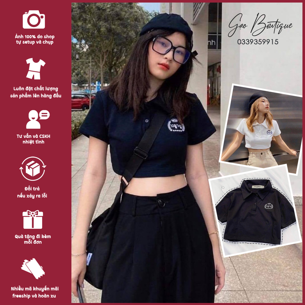 Áo croptop nữ tay ngắn - cổ đức - sơ mi thun đẹp - 2 màu đen trắng