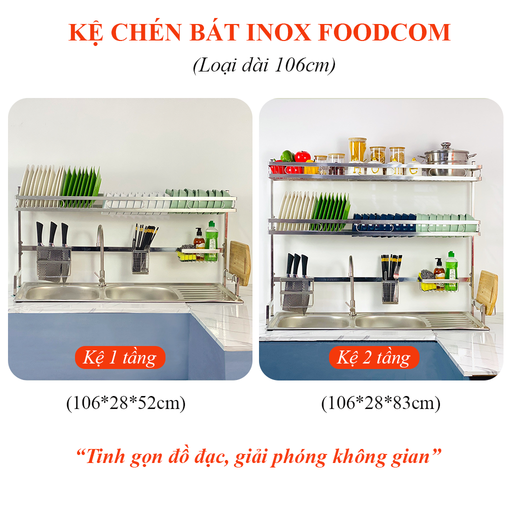 Kệ chén đa năng foodcom - inox 304 cao cấp - loại 106 cm - 1 tầng và 2 tầng