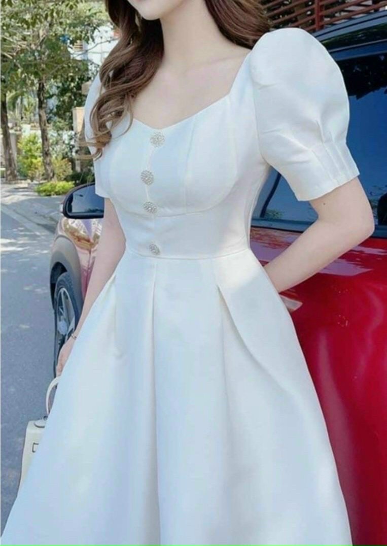 Đầm nữ đi tiệc, đầm tiểu thư, đầm đi tiệc màu trắng đính cườm, váy nữ dáng xòe bồng, đầm đi đám, đầm nữ tay phồng sang chảnh