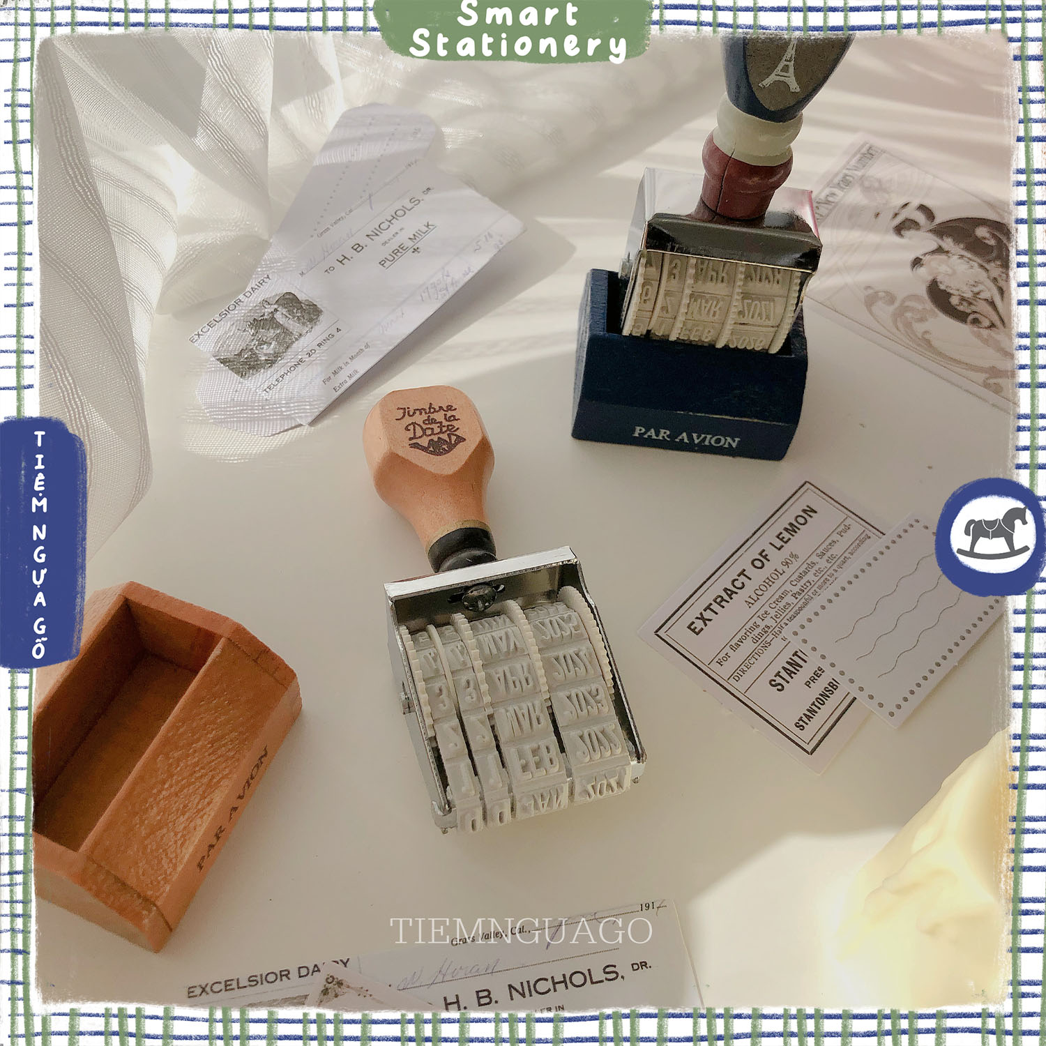 Con dấu in ngày tháng năm bằng gỗ cầm tay cổ điển, trang trí bullet journal, planner, handmade - tiệm ngựa gỗ