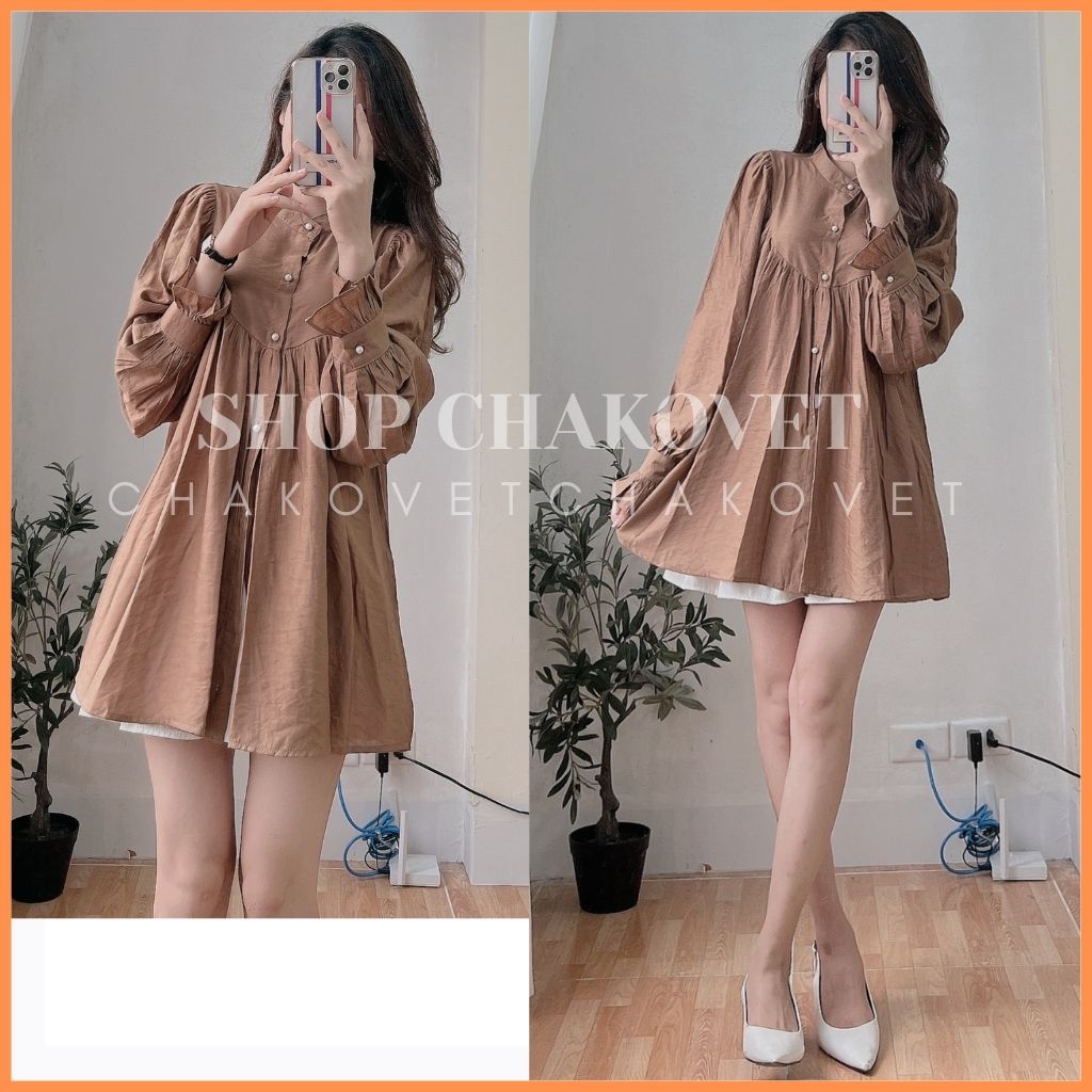 Áo sơ mi nữ dài tay oversize A.8206 Thiết kế kiểu cổ tròn tay phồng dáng babydoll