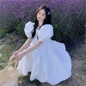 Đầm trắng cổ vuông tay bồng dáng xòe tiểu thư/ Váy babydoll nữ form rộng unisex - xuongmaythaothuy