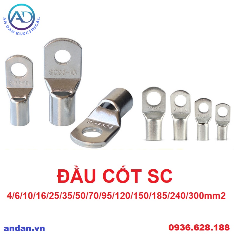 Đầu cốt SC, cos ngắn SC 4-4, 4-6, 6-6, 6-8, 10-6, 10-8, 16-6, 16-8,16-10, 25-8, 25-10, 35-8, 35-10, 50-8, 50-10, 50-12, SC 70-10, 70-12, 95-10, 95-12, 120-12, 120-14, 150-12, 150-14, 185-12, 185-14, 240-12, 240-14, 300-16