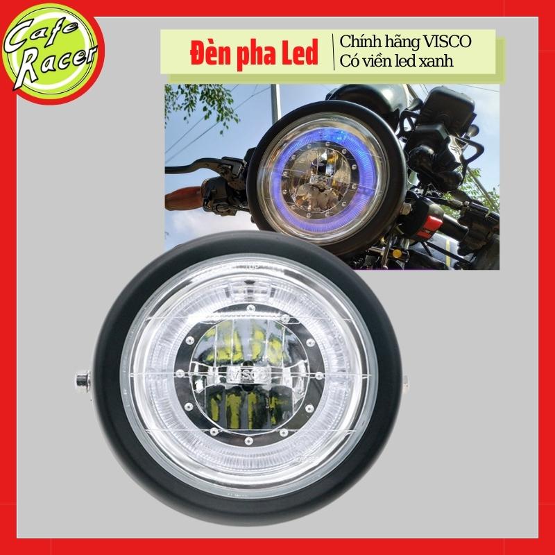 Đèn Led pha xe máy, đèn pha led viền xanh mặt kính trong gáo sắt tròn có đường kính 16cm độ xe classic Cafe Racer Win GN125