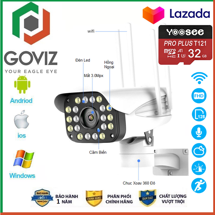 Camera Goviz , Camera Yoosee , Camera Không Dây 4 Râu 20 Led 3.0Mpx Full HD Xoay 360 Độ Đàm Thoại , Chống Nước , Báo Động Xem Đêm Có Màu