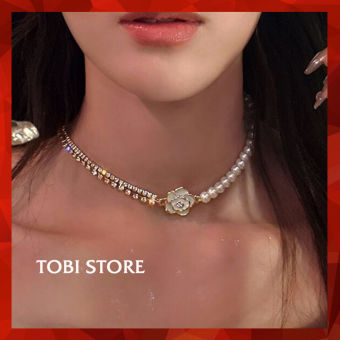 Vòng cổ choker hoa trà trắng dây đính đá mix ngọc ôm sát cổ TB786