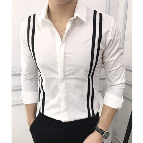 Áo sơ mi nam trắng 2 sọc dọc ngực bụng, Sơ mi nam trắng viền cánh tay vải mềm dễ ủi ít nhăn thoáng mát.