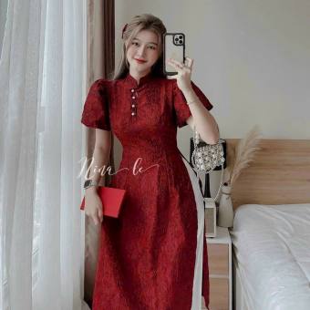 Set áo dài cách tân gấm phối quần lụa đính cườm trước ngực, Áo dài gấm đỏ cúc ngọc tay bồng kèm quần lụa