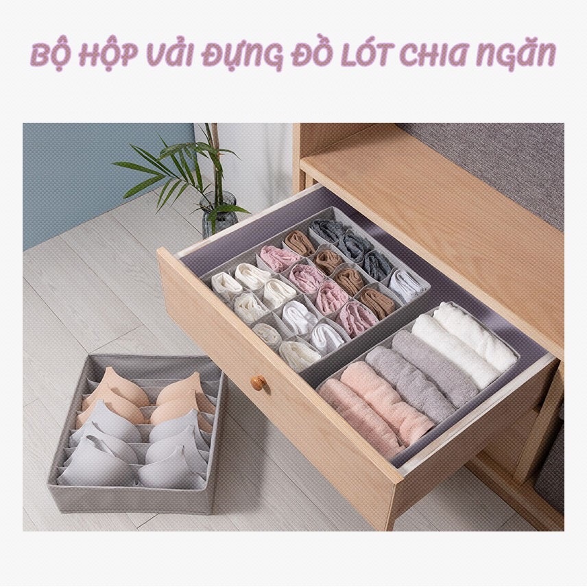 Sét 3 Hộp Vải Đựng Quần Áo, Đồ lót, Tất Vớ Chia Ngăn Tủ Gọn Gàng Tiện Lợi