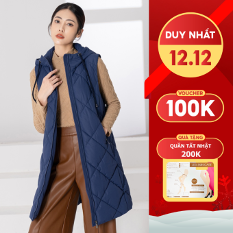 Áo khoác phao nữ gile dáng dài HeraDG  thiết kế trần bông 3 lớp có mũ túi chéo khóa, chất liệu xanh Recycle Polyester WJKBB2027