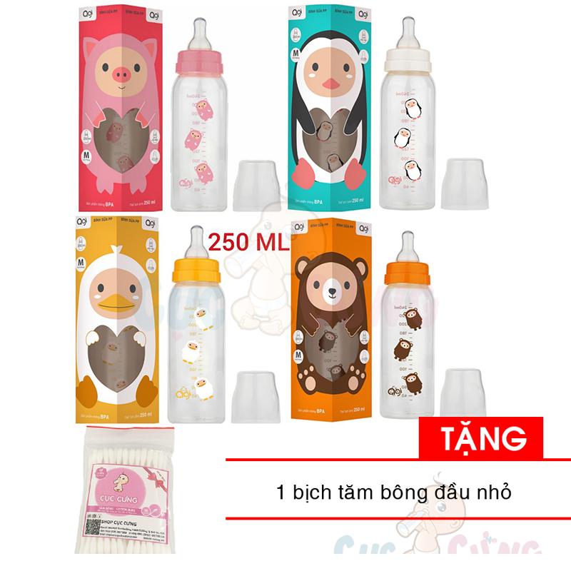 Bình sữa AGI Premium cổ thường 250ml Tặng 1 bịch tăm bông đầu nhỏ nhựa PP cao cấp