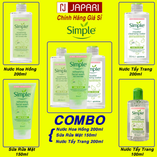 Combo Simple Skincare 3 Món CHÍNH HÃNG Bộ Chăm Sóc Da Mặt CAO CẤP: Sữa Rửa Mặt + Toner Nước Hoa Hồng + Nước Tẩy Trang - Srm Cho Da Nhạy Cảm, Da Dầu Mụn, Da Khô + Tonner  - Sua Rửa Mặt Cho Nam Nữ - Mỹ Phẩm Giá Sỉ JAPARI