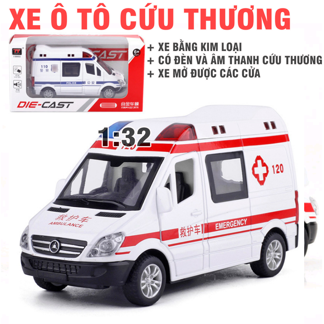 Xe ô tô cứu thương bằng kim loại đồ chơi trẻ em có âm thanh và đèn nháy
