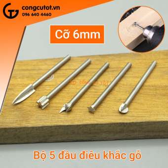Bộ 5 đầu điêu khắc gỗ trục 3mm bằng thép gió các cỡ 4-6-8mm