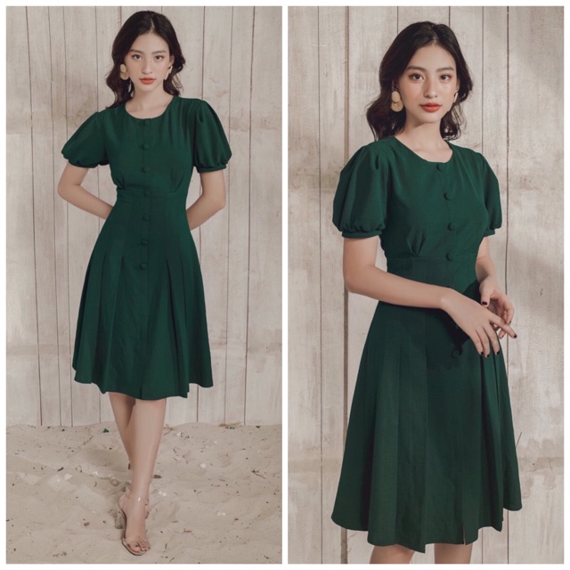 Đầm váy xanh lính cổ tròn