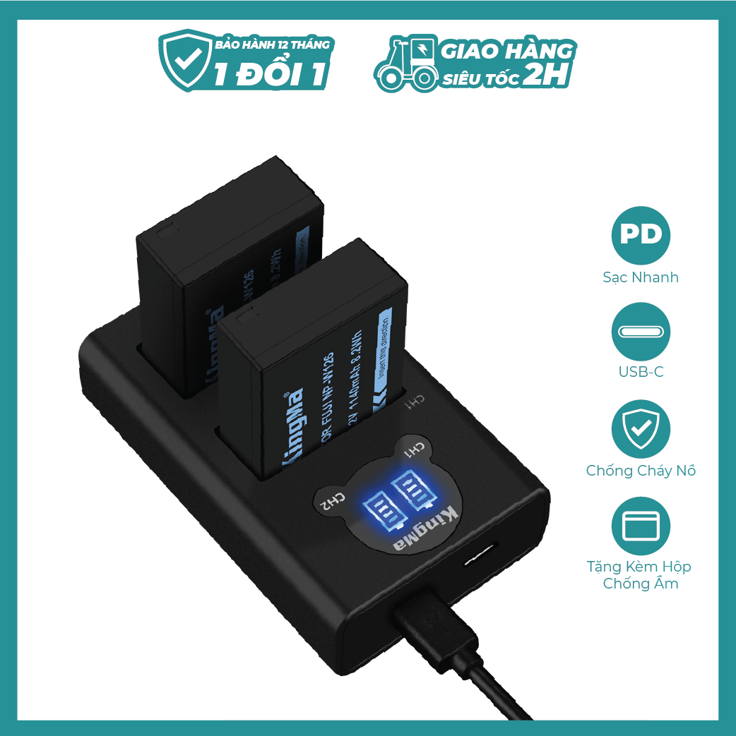 Bộ 2 pin+dock sạc đôi np-w126/w126s fujifilm kingma
