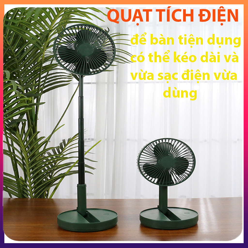 Quạt tích điện để bàn, quạt tích điện mini giá rẻ, Quạt gấp gọn kéo dài loại lớn - Quạt sạc tích điện mini để bàn HR5589 - Xoay 180 độ, 3 chế độ gió cực mạnh, Cổng Sạc USB